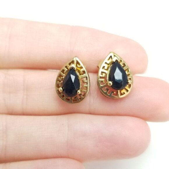 Vintage Drop Shaped Stud Earrings with Greek Key Border, Gold Tone Posts - Picture 1 of 4